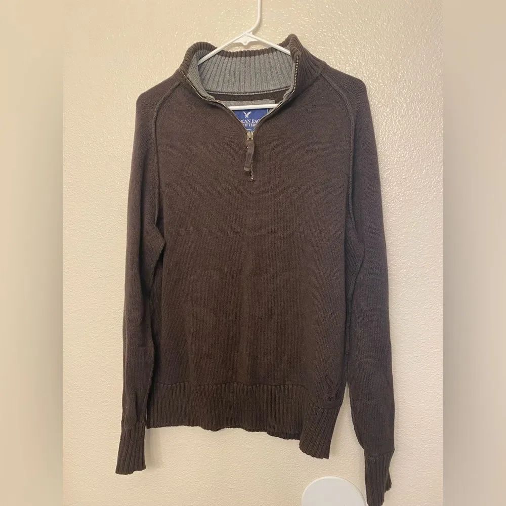 American Eagle vintage Mens Brown 1/4 Zip Mock Turtleneck 100% Cotton Large